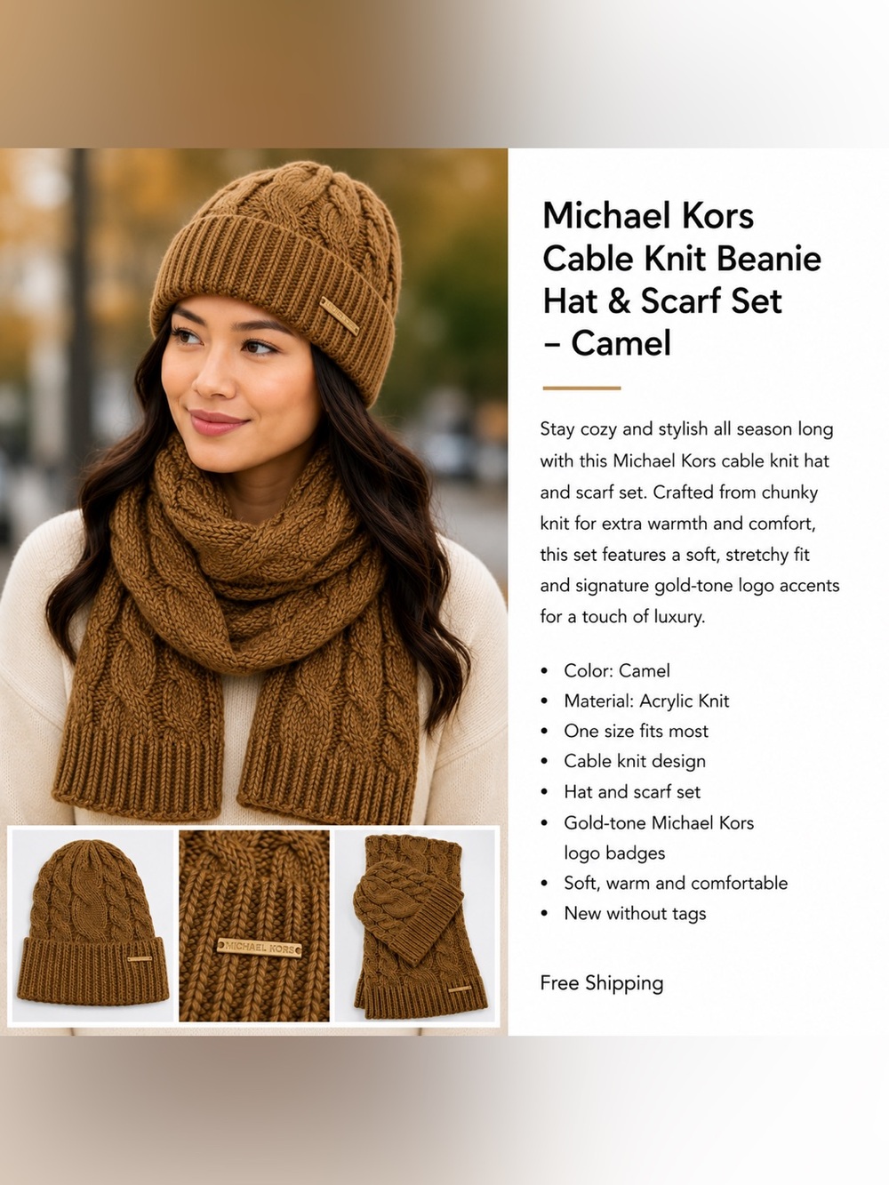 Michael Kors Cable Knit Beanie Hat & Scarf Set
- Camel
